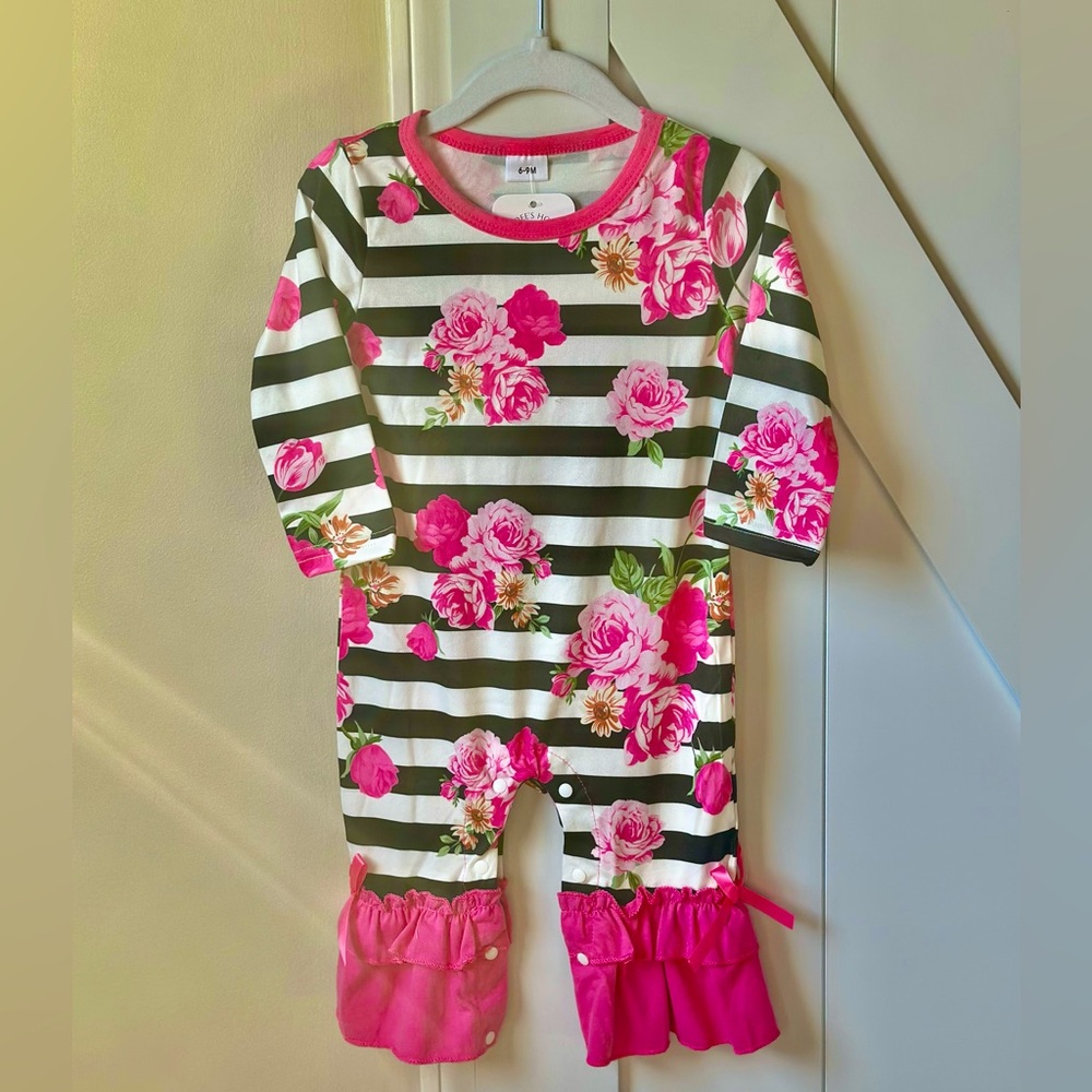 Pretty Pink Floral/Black & White Striped Romper - Size 6-9 months